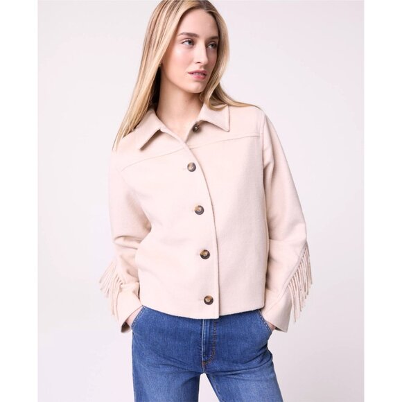 🆕ANN TAYLOR Fringe Bomber Jacket Wool Blend Lined Beige Medium - Picture 3 of 11